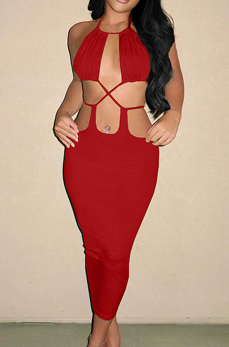 White Summer New Condole-Belt Backless Hollow Out Bodycon Pure Color Long Dress YNS1649-1