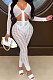 White Euramerican Mesh Spaghetti V Neck Pure Color Dew Waist Pants Sets KA7195-1
