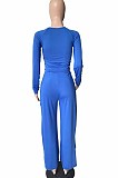 Blue Wholesal Long Sleeve Round Collar Crop Top Mid Waist Loose Shift Pants Hollow Out Solid Color Two-Piece WM21721-5