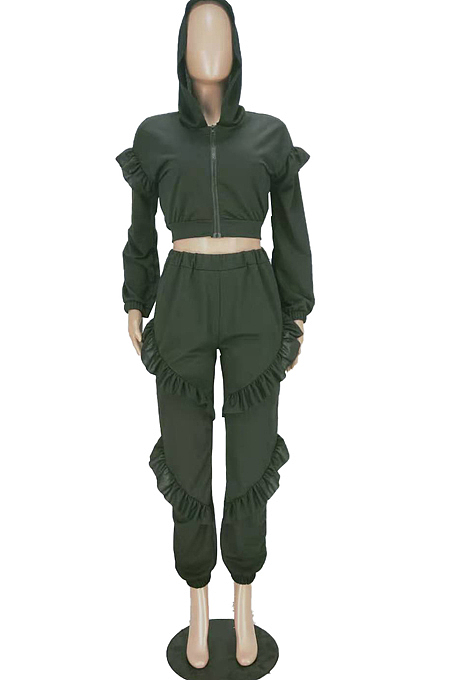 Blue Cotton Blend Long Sleeve Zippet Hoodie Elasticband Pants Flounce Solid Color Sport Sets MN8333-2