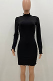 Dark Purple Women Pure Color Stand Collar Sexy Ribber Lace Long Sleeve Mini Dress AMW8332-2