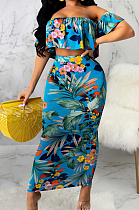 Blue Summer Printing A Word Shoulder Straless Spliced High Waist Bodycon Long Skirts Sets SMR10598