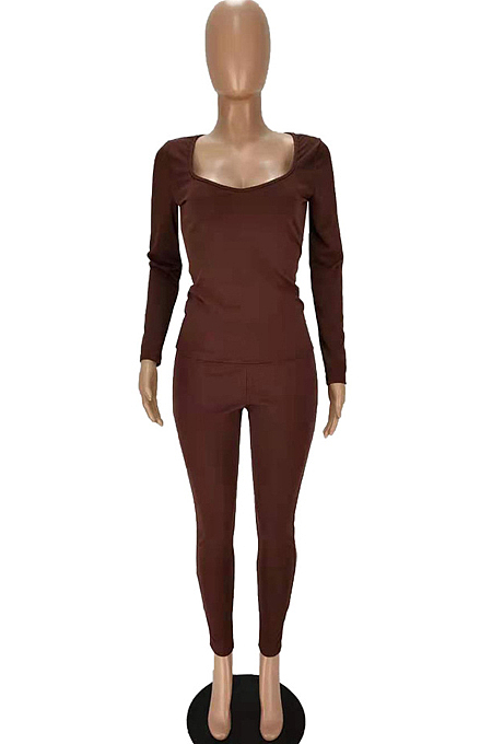 Rose Red Autumn And Winter Long Sleeve Low-Cut Top Bodycon Pants Slim Fitting Pure Color Two-Piece MN8380-1