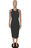 Gray White Simple Pure Color Sleeveless Round Collar Back Hollow Out Ruffle Slim Fitting Bodycon Dress MLL121-1