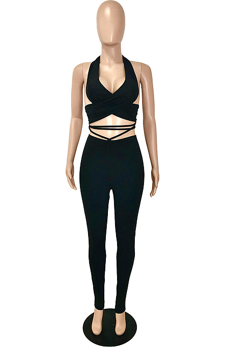 Pink New Summer Halter Neck Backless Strapless Bandage Bodycon Pants Solid Color Two-Piece YNS1653-3