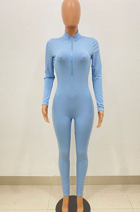 Black Women Solid Color Casual Long Sleeve Zipper Ribber Bodycon Jumpsuits AMW8329-1