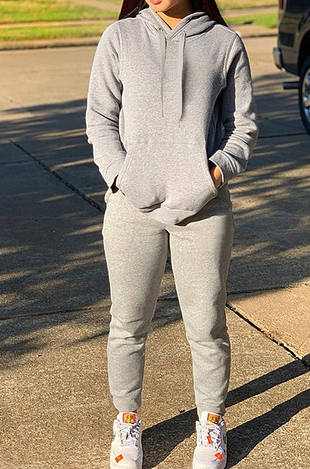 Blue Casual Cotton Blend Long Sleeve With Pocket Hoodie Pants Solid Color Sport Sets YM213-4