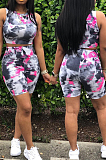 Orange  Simplee Ribber Tie Dye Printing Sleeveless O Collar Shorts Casual Two-Piece U7073-2