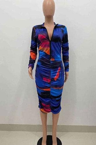Multicolor Women Casual V Neck Zipper Ruffle Printing Long Sleeve Midi Dress AMW8335