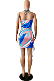 Blue Sexy Printing Halter Neck Low-Cut Backless Slim Fitting Mini Dress YNS1650-2