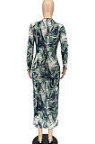 Printing Euramerican Women Fashion Mesh Spaghetti Long Sleeve Long Dress AA527