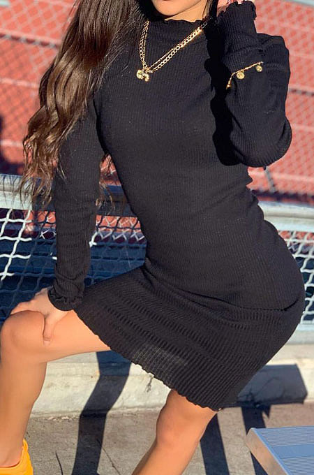 Black Women Pure Color Stand Collar Sexy Ribber Lace Long Sleeve Mini Dress AMW8332-1