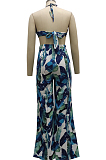 Army Green Sexy Digital Printing Spliced Halter Neck V Collar Strapless Bandage High Waist Wide Leg Pants Two-Piece SMR10528-3