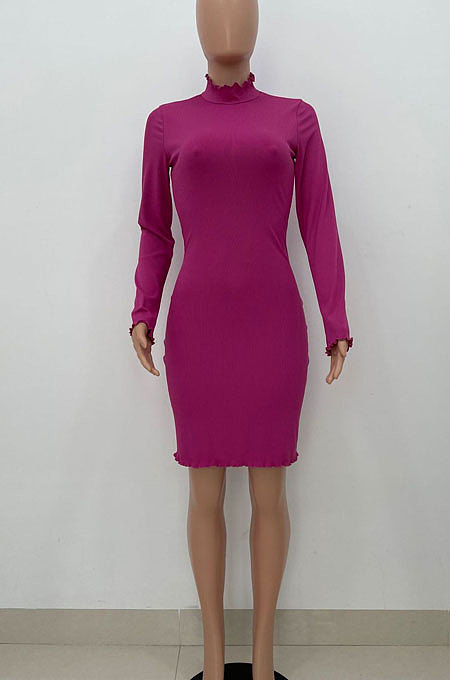 Rose Red Women Pure Color Stand Collar Sexy Ribber Lace Long Sleeve Mini Dress AMW8332-3