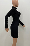 Blue Women Pure Color Stand Collar Sexy Ribber Lace Long Sleeve Mini Dress AMW8332-4