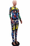 Yellow Euramerican Printing Long Sleeve Stand Collar Zipper Collcet Waist  Bodycon Jumpsuits HHM6359-2