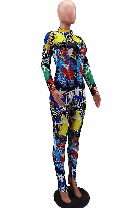 Red Euramerican Printing Long Sleeve Stand Collar Zipper Collcet Waist  Bodycon Jumpsuits HHM6359-3