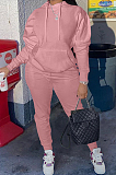 Red Casual Cotton Blend Long Sleeve With Pocket Hoodie Pants Solid Color Sport Sets YM213-2