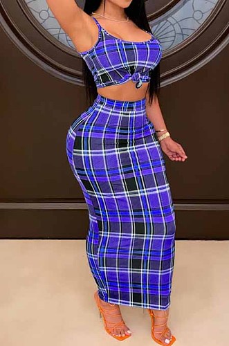 Blue Wholesal Sexy Plaid Printing Condole Belt Strapless High Waist Bodycon Long Skirts Slim Fitting Two-Piece HHM6335-2