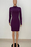 Dark Purple Women Pure Color Stand Collar Sexy Ribber Lace Long Sleeve Mini Dress AMW8332-2