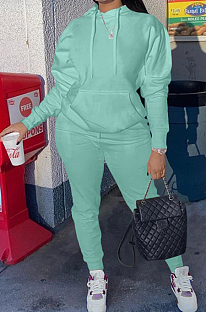 Water Blue Casual Cotton Blend Long Sleeve With Pocket Hoodie Pants Solid Color Sport Sets YM213-3