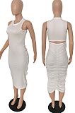 Black Simple Pure Color Sleeveless Round Collar Back Hollow Out Ruffle Slim Fitting Bodycon Dress MLL121-2