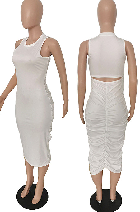 Black Simple Pure Color Sleeveless Round Collar Back Hollow Out Ruffle Slim Fitting Bodycon Dress MLL121-2