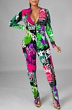 Yellow Euramerican Printing Long Sleeve Stand Collar Zipper Collcet Waist  Bodycon Jumpsuits HHM6359-2
