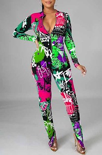Red Euramerican Printing Long Sleeve Stand Collar Zipper Collcet Waist  Bodycon Jumpsuits HHM6359-3