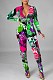 Red Euramerican Printing Long Sleeve Stand Collar Zipper Collcet Waist  Bodycon Jumpsuits HHM6359-3