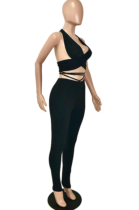 Pink New Summer Halter Neck Backless Strapless Bandage Bodycon Pants Solid Color Two-Piece YNS1653-3