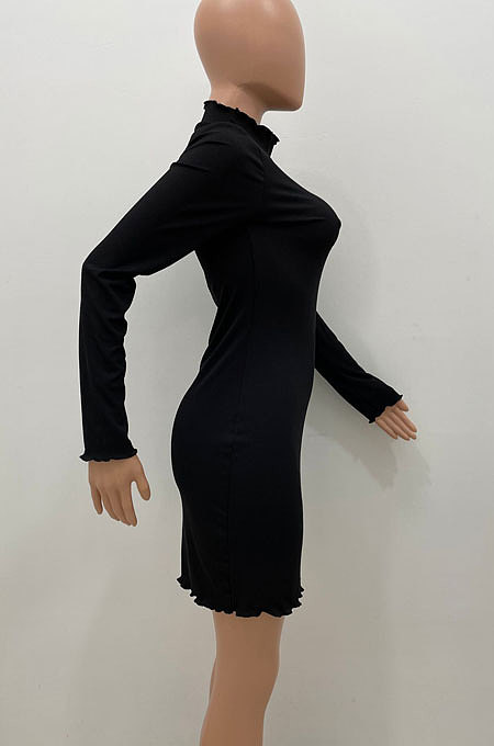 Black Women Pure Color Stand Collar Sexy Ribber Lace Long Sleeve Mini Dress AMW8332-1