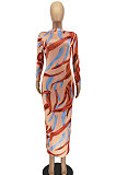 Pattern Euramerican Women Trendy Seyx Printing Long Sleeve Tight Long Dress AA5275