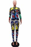 Green Euramerican Printing Long Sleeve Stand Collar Zipper Collcet Waist  Bodycon Jumpsuits HHM6359-1