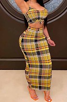 Yllow Wholesal Sexy Plaid Printing Condole Belt Strapless High Waist Bodycon Long Skirts Slim Fitting Two-Piece HHM6335-1