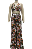 Army Green Sexy Digital Printing Spliced Halter Neck V Collar Strapless Bandage High Waist Wide Leg Pants Two-Piece SMR10528-3