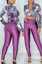 Purple Wholesal Women Digital Printing Long Sleeve Deep V Collar Bandage Crop Top High Waist Bodycon Pants Casual Two-Piece SMR10517-3