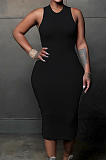 Black Simple Pure Color Sleeveless Round Collar Back Hollow Out Ruffle Slim Fitting Bodycon Dress MLL121-2