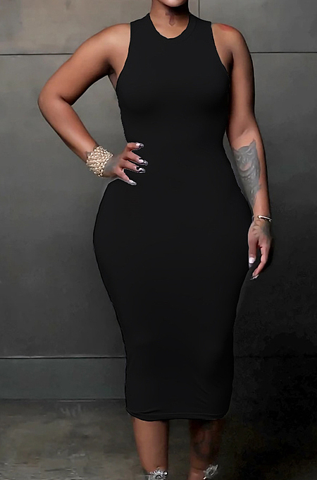 Black Simple Pure Color Sleeveless Round Collar Back Hollow Out Ruffle Slim Fitting Bodycon Dress MLL121-2