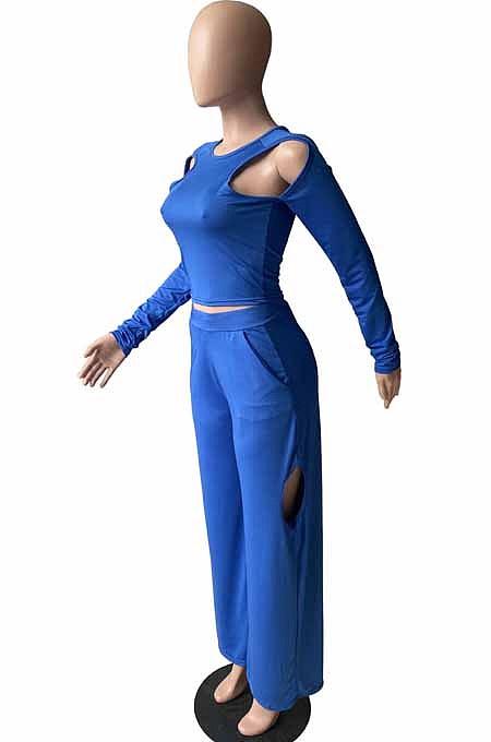 Blue Wholesal Long Sleeve Round Collar Crop Top Mid Waist Loose Shift Pants Hollow Out Solid Color Two-Piece WM21721-5