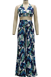 Green Sexy Digital Printing Spliced Halter Neck V Collar Strapless Bandage High Waist Wide Leg Pants Two-Piece SMR10528-1