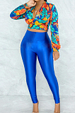 Blue Orange Wholesal Women Digital Printing Long Sleeve Deep V Collar Bandage Crop Top High Waist Bodycon Pants Casual Two-Piece SMR10517-4
