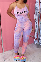 Purple New Positioning Tie Dye Letter Printing Condole Belt Backless Bodycon Jumpsuits MLL119-1