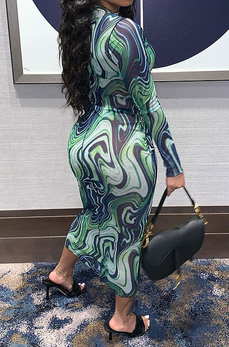 Printing Euramerican Women Fashion Mesh Spaghetti Long Sleeve Long Dress AA527
