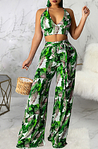 Green Sexy Digital Printing Spliced Halter Neck V Collar Strapless Bandage High Waist Wide Leg Pants Two-Piece SMR10528-1