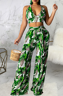 Green Sexy Digital Printing Spliced Halter Neck V Collar Strapless Bandage High Waist Wide Leg Pants Two-Piece SMR10528-1