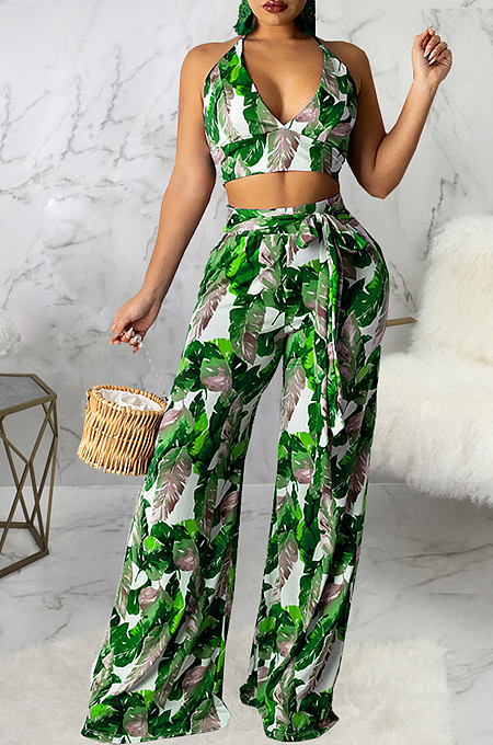 Green Sexy Digital Printing Spliced Halter Neck V Collar Strapless Bandage High Waist Wide Leg Pants Two-Piece SMR10528-1