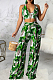 Green Sexy Digital Printing Spliced Halter Neck V Collar Strapless Bandage High Waist Wide Leg Pants Two-Piece SMR10528-1