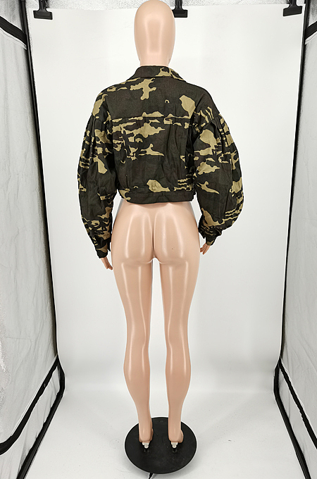 Euramrican Women Camouflage Weaving Cloth Single-Breasted Long Sleeve Coat YM212 
