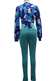 Cyan Green Wholesal Women Digital Printing Long Sleeve Deep V Collar Bandage Crop Top High Waist Bodycon Pants Casual Two-Piece SMR10517-2
